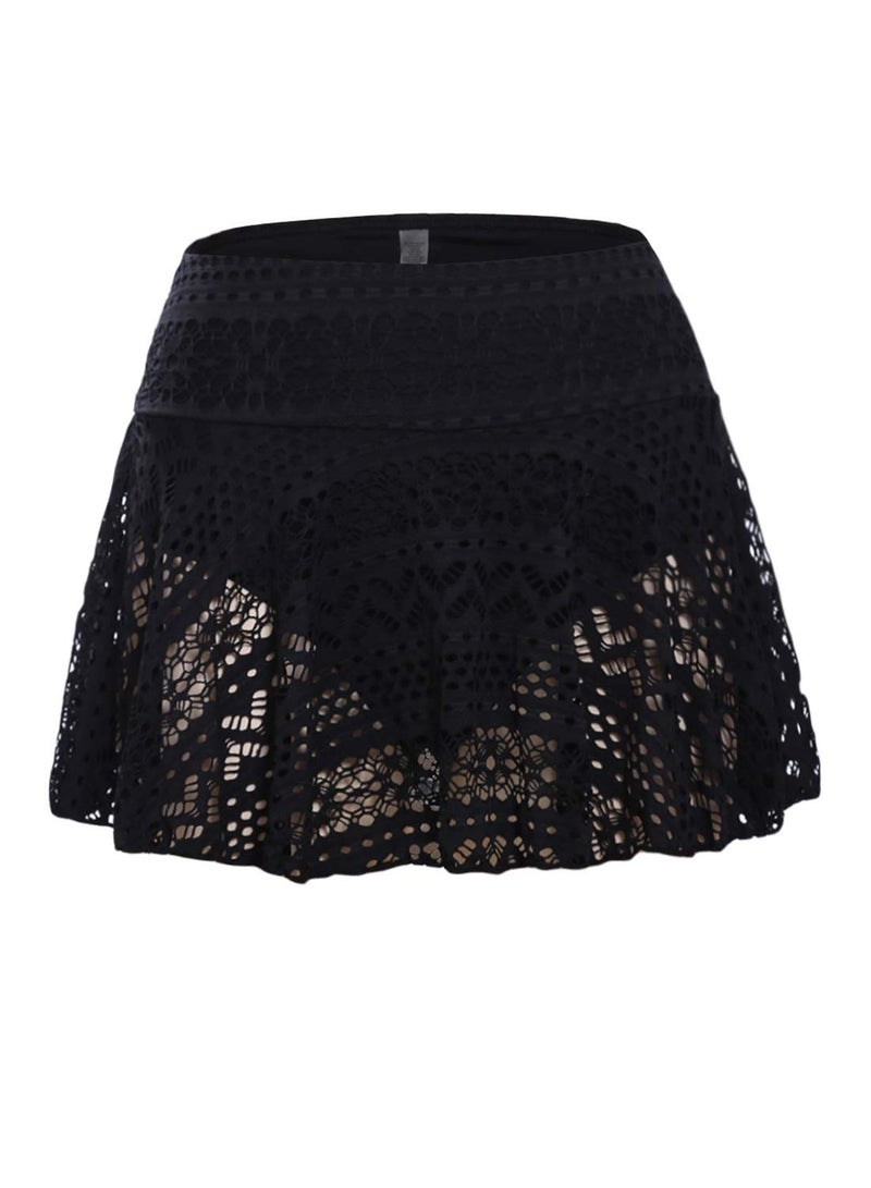 Lopie Women Lace Crochet Swim Skirt Bikini Bottom Swimsuit Board Shorts Skort Swimdress (Black, M) - Image 3